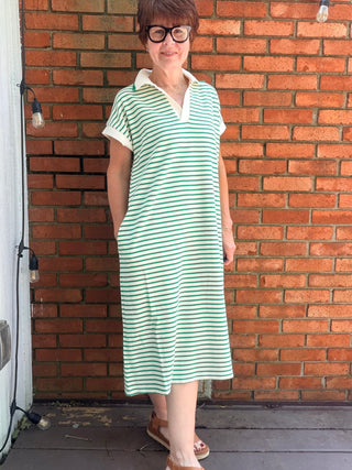 Devyn Striped Collared Midi Dress - Green-Dresses & RompersSHE + SKY Devyn Striped Collared Midi Dress - Green | VerClare Boutique-Shop the SHE + SKY Devyn Striped Collared Midi Dress in Green. Soft stretch knit, stripe pattern, collared neck, drop sleeves, pockets, midi length. Sizes S–L.-VerClare Boutique