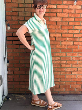 Devyn Striped Collared Midi Dress - Green-Dresses & RompersSHE + SKY Devyn Striped Collared Midi Dress - Green | VerClare Boutique-Shop the SHE + SKY Devyn Striped Collared Midi Dress in Green. Soft stretch knit, stripe pattern, collared neck, drop sleeves, pockets, midi length. Sizes S–L.-VerClare Boutique