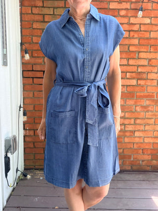 Annalise Mini Denim Look Dress - Med Wash-Dresses & RompersBe Cool Annalise Mini Denim Look Dress - Medium Wash | VerClare Boutique-Shop the Be Cool Annalise Mini Denim Look Dress in Medium Wash. 100% Tencel, button-up, collared neck, tie waist, patch pockets, mini length. Sizes S–L.-VerClare Boutique