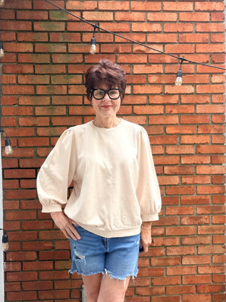Malia Puff Sleeve Top - Coral and Vanilla-Tops Basic SolidBe Cool Malia Puff Sleeve Top - Coral & Vanilla| VerClare Boutique-Shop the Be Cool Malia Puff Sleeve Top in Coral and Vanilla. French terry knit, 3/4 puff sleeves, garment washed, relaxed fit. Sizes S–L. Free US shipping on eligible orders.-VerClare Boutique