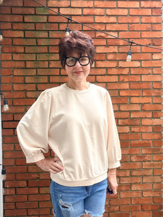 Malia Puff Sleeve Top - Coral and Vanilla-Tops Basic SolidBe Cool Malia Puff Sleeve Top - Coral & Vanilla| VerClare Boutique-Shop the Be Cool Malia Puff Sleeve Top in Coral and Vanilla. French terry knit, 3/4 puff sleeves, garment washed, relaxed fit. Sizes S–L. Free US shipping on eligible orders.-VerClare Boutique