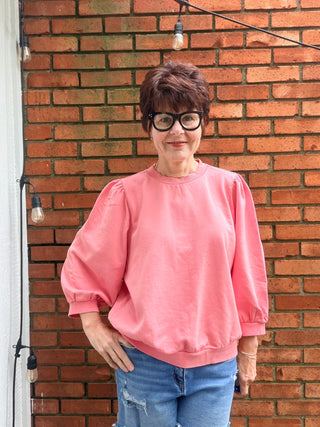 Malia Puff Sleeve Top - Coral and Vanilla-Tops Basic SolidBe Cool Malia Puff Sleeve Top - Coral & Vanilla| VerClare Boutique-Shop the Be Cool Malia Puff Sleeve Top in Coral and Vanilla. French terry knit, 3/4 puff sleeves, garment washed, relaxed fit. Sizes S–L. Free US shipping on eligible orders.-VerClare Boutique