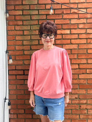 Malia Puff Sleeve Top - Coral and Vanilla-Tops Basic SolidBe Cool Malia Puff Sleeve Top - Coral & Vanilla| VerClare Boutique-Shop the Be Cool Malia Puff Sleeve Top in Coral and Vanilla. French terry knit, 3/4 puff sleeves, garment washed, relaxed fit. Sizes S–L. Free US shipping on eligible orders.-VerClare Boutique