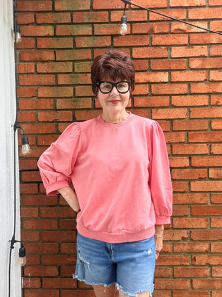 Malia Puff Sleeve Top - Coral and Vanilla-Tops Basic SolidBe Cool Malia Puff Sleeve Top - Coral & Vanilla| VerClare Boutique-Shop the Be Cool Malia Puff Sleeve Top in Coral and Vanilla. French terry knit, 3/4 puff sleeves, garment washed, relaxed fit. Sizes S–L. Free US shipping on eligible orders.-VerClare Boutique