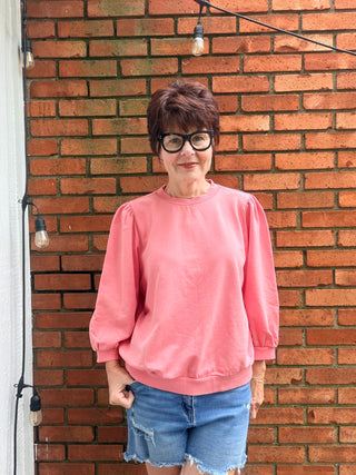 Malia Puff Sleeve Top - Coral and Vanilla-Tops Basic SolidBe Cool Malia Puff Sleeve Top - Coral & Vanilla| VerClare Boutique-Shop the Be Cool Malia Puff Sleeve Top in Coral and Vanilla. French terry knit, 3/4 puff sleeves, garment washed, relaxed fit. Sizes S–L. Free US shipping on eligible orders.-VerClare Boutique