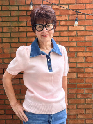 Rosell Park Avenue Polo Sweater - Pink-Sweaterstrend:notes Rosell Park Avenue Polo Sweater - Pink | VerClare Boutique-Shop the trend:notes Rosell Park Avenue Polo Sweater in Pink. Soft sweater knit, contrast denim collar, polo neckline, relaxed silhouette. Sizes S–L.-VerClare Boutique