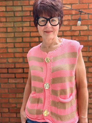 Elodie Striped Knit Sweater - Peach/Mocha-ALL SALES FINAL-SweatersElodie Striped Knit Sweater – Peach/Mocha | Wishlist – VerClare Boutique-Shop the Wishlist Elodie Striped Knit Sweater in Peach/Mocha. Acrylic-cotton knit, stripe pattern, statement buttons, front pockets. Sizes S–L.-VerClare Boutique