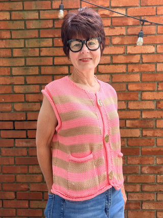 Elodie Striped Knit Sweater - Peach/Mocha-ALL SALES FINAL-SweatersElodie Striped Knit Sweater – Peach/Mocha | Wishlist – VerClare Boutique-Shop the Wishlist Elodie Striped Knit Sweater in Peach/Mocha. Acrylic-cotton knit, stripe pattern, statement buttons, front pockets. Sizes S–L.-VerClare Boutique