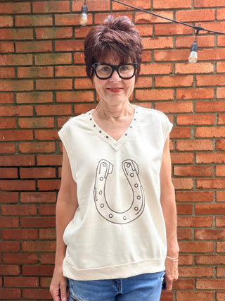 Lucky Me Horseshoe Top-ALL SALES FINAL-topsLucky Me Horseshoe Western Vest in Bone | EE:Some | VerClare Boutique-Shop the Lucky Me Horseshoe Top in Bone — western-inspired V-neck vest with star detail. True to size, sizes S–L. -VerClare Boutique