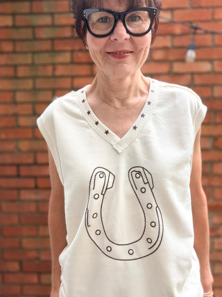 Lucky Me Horseshoe Top-ALL SALES FINAL-topsLucky Me Horseshoe Western Vest in Bone | EE:Some | VerClare Boutique-Shop the Lucky Me Horseshoe Top in Bone — western-inspired V-neck vest with star detail. True to size, sizes S–L. -VerClare Boutique