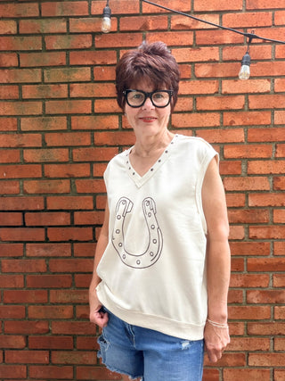 Lucky Me Horseshoe Top-ALL SALES FINAL-topsLucky Me Horseshoe Western Vest in Bone | EE:Some | VerClare Boutique-Shop the Lucky Me Horseshoe Top in Bone — western-inspired V-neck vest with star detail. True to size, sizes S–L. -VerClare Boutique