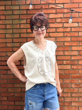 Lucky Me Horseshoe Top-ALL SALES FINAL-topsLucky Me Horseshoe Western Vest in Bone | EE:Some | VerClare Boutique-Shop the Lucky Me Horseshoe Top in Bone — western-inspired V-neck vest with star detail. True to size, sizes S–L. -VerClare Boutique