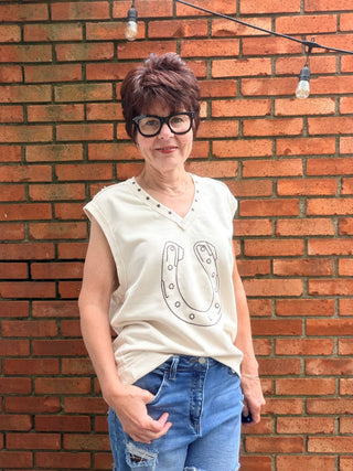 Lucky Me Horseshoe Top-ALL SALES FINAL-topsLucky Me Horseshoe Western Vest in Bone | EE:Some | VerClare Boutique-Shop the Lucky Me Horseshoe Top in Bone — western-inspired V-neck vest with star detail. True to size, sizes S–L. -VerClare Boutique