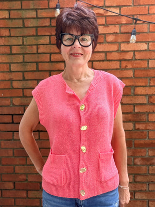 Vanessa Buttons Sweater Vest - Guava-ALL SALES FINAL-SweatersVanessa Buttons Sweater Vest – Guava | Wishlist – VerClare Boutique-Shop the Wishlist Vanessa Buttons Sweater Vest in Guava. Soft knit, statement buttons, front pockets, true-to-size fit. Sizes S–L at VerClare Boutique.-VerClare Boutique
