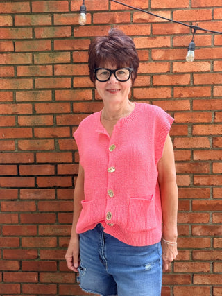 Vanessa Buttons Sweater Vest - Guava-ALL SALES FINAL-SweatersVanessa Buttons Sweater Vest – Guava | Wishlist – VerClare Boutique-Shop the Wishlist Vanessa Buttons Sweater Vest in Guava. Soft knit, statement buttons, front pockets, true-to-size fit. Sizes S–L at VerClare Boutique.-VerClare Boutique