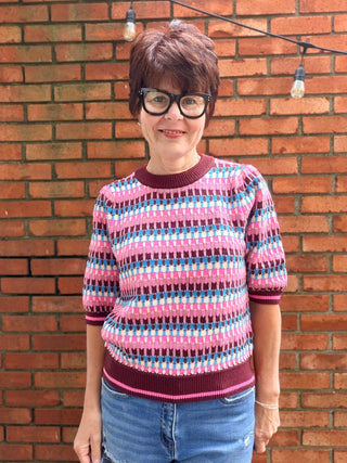 THML-Felicity Pink & Blue Sweater-SweatersFelicity Pink & Blue Sweater – Burgundy | THML – VerClare Boutique-Shop the THML Felicity Pink & Blue Sweater in Burgundy. Acrylic-poly-nylon knit, short sleeves, relaxed fit, multicolor pattern. Sizes XS–L at VerClare Boutique.-VerClare Boutique
