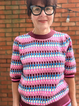 THML-Felicity Pink & Blue Sweater-SweatersFelicity Pink & Blue Sweater – Burgundy | THML – VerClare Boutique-Shop the THML Felicity Pink & Blue Sweater in Burgundy. Acrylic-poly-nylon knit, short sleeves, relaxed fit, multicolor pattern. Sizes XS–L at VerClare Boutique.-VerClare Boutique