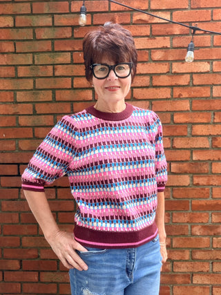 THML-Felicity Pink & Blue Sweater-SweatersFelicity Pink & Blue Sweater – Burgundy | THML – VerClare Boutique-Shop the THML Felicity Pink & Blue Sweater in Burgundy. Acrylic-poly-nylon knit, short sleeves, relaxed fit, multicolor pattern. Sizes XS–L at VerClare Boutique.-VerClare Boutique