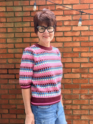 THML-Felicity Pink & Blue Sweater-SweatersFelicity Pink & Blue Sweater – Burgundy | THML – VerClare Boutique-Shop the THML Felicity Pink & Blue Sweater in Burgundy. Acrylic-poly-nylon knit, short sleeves, relaxed fit, multicolor pattern. Sizes XS–L at VerClare Boutique.-VerClare Boutique