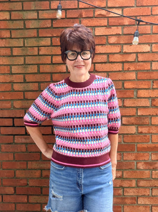 THML-Felicity Pink & Blue Sweater-SweatersFelicity Pink & Blue Sweater – Burgundy | THML – VerClare Boutique-Shop the THML Felicity Pink & Blue Sweater in Burgundy. Acrylic-poly-nylon knit, short sleeves, relaxed fit, multicolor pattern. Sizes XS–L at VerClare Boutique.-VerClare Boutique