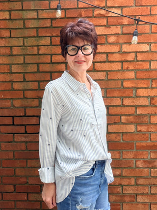 Bae Shirt - Daisy Stripe-Tops CasualThread & Supply Bae Shirt - Daisy Stripe | VerClare Boutique-Shop the Thread & Supply Bae Shirt in Daisy Stripe. Lightweight woven, collared button-front, soft stripe pattern, relaxed everyday silhouette. Sizes S–L.-VerClare Boutique
