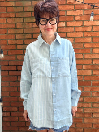Ileana Striped Button Down Shirt - Denim-Tops Basic SolidEE:SOME Ileana Striped Button Down Shirt - Denim | VerClare Boutique-Shop the EE:SOME Ileana Striped Button Down Shirt in Denim. 100% cotton woven, contrast stripe, collared neckline, button-front, relaxed silhouette. Sizes S–L.-VerClare Boutique