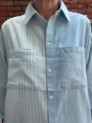 Ileana Striped Button Down Shirt - Denim-Tops Basic SolidEE:SOME Ileana Striped Button Down Shirt - Denim | VerClare Boutique-Shop the EE:SOME Ileana Striped Button Down Shirt in Denim. 100% cotton woven, contrast stripe, collared neckline, button-front, relaxed silhouette. Sizes S–L.-VerClare Boutique