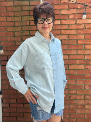 Ileana Striped Button Down Shirt - Denim-Tops Basic SolidEE:SOME Ileana Striped Button Down Shirt - Denim | VerClare Boutique-Shop the EE:SOME Ileana Striped Button Down Shirt in Denim. 100% cotton woven, contrast stripe, collared neckline, button-front, relaxed silhouette. Sizes S–L.-VerClare Boutique