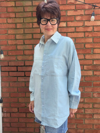 Ileana Striped Button Down Shirt - Denim-Tops Basic SolidEE:SOME Ileana Striped Button Down Shirt - Denim | VerClare Boutique-Shop the EE:SOME Ileana Striped Button Down Shirt in Denim. 100% cotton woven, contrast stripe, collared neckline, button-front, relaxed silhouette. Sizes S–L.-VerClare Boutique