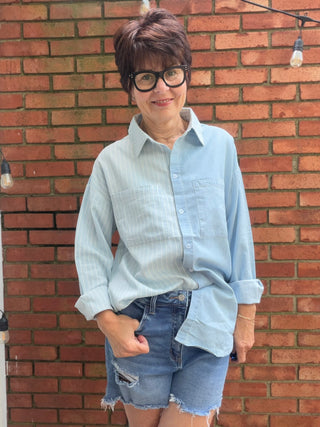 Ileana Striped Button Down Shirt - Denim-Tops Basic SolidEE:SOME Ileana Striped Button Down Shirt - Denim | VerClare Boutique-Shop the EE:SOME Ileana Striped Button Down Shirt in Denim. 100% cotton woven, contrast stripe, collared neckline, button-front, relaxed silhouette. Sizes S–L.-VerClare Boutique