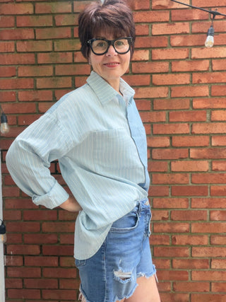 Ileana Striped Button Down Shirt - Denim-Tops Basic SolidEE:SOME Ileana Striped Button Down Shirt - Denim | VerClare Boutique-Shop the EE:SOME Ileana Striped Button Down Shirt in Denim. 100% cotton woven, contrast stripe, collared neckline, button-front, relaxed silhouette. Sizes S–L.-VerClare Boutique