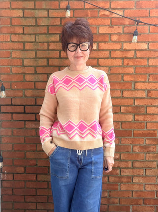 THML-Adeline Diamond Stripe Sweater-SweatersAdeline Diamond Stripe Sweater | Beige Printed Crew Neck – THML | VerClare Boutique-Shop the THML Adeline Diamond Stripe Sweater in Beige — soft acrylic-nylon knit, crew neck, diamond print, true to size. Sizes XS–L. Ships fast from VerClare Boutique.-VerClare Boutique