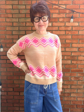 THML-Adeline Diamond Stripe Sweater-SweatersAdeline Diamond Stripe Sweater | Beige Printed Crew Neck – THML | VerClare Boutique-Shop the THML Adeline Diamond Stripe Sweater in Beige — soft acrylic-nylon knit, crew neck, diamond print, true to size. Sizes XS–L. Ships fast from VerClare Boutique.-VerClare Boutique