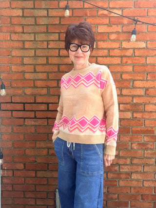 THML-Adeline Diamond Stripe Sweater-SweatersAdeline Diamond Stripe Sweater | Beige Printed Crew Neck – THML | VerClare Boutique-Shop the THML Adeline Diamond Stripe Sweater in Beige — soft acrylic-nylon knit, crew neck, diamond print, true to size. Sizes XS–L. Ships fast from VerClare Boutique.-VerClare Boutique