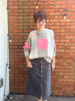 Valerie Multicolor Checkered Sweater-SweatersValerie Multicolor Checkered Sweater | Dove/Punch Crew Neck – Wishlist | VerClare Boutique-Shop the Wishlist Valerie Multicolor Checkered Sweater in Dove/Punch — 100% cotton, crew neck, fun checkered pattern, true to size. Sizes S–L.-VerClare Boutique
