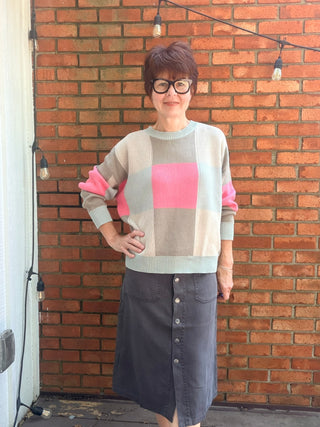 Valerie Multicolor Checkered Sweater-SweatersValerie Multicolor Checkered Sweater | Dove/Punch Crew Neck – Wishlist | VerClare Boutique-Shop the Wishlist Valerie Multicolor Checkered Sweater in Dove/Punch — 100% cotton, crew neck, fun checkered pattern, true to size. Sizes S–L.-VerClare Boutique