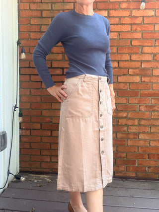 Pyrah Tencel Button Skirt - 3 Colors-BottomsPyrah Tencel Button Skirt | Cocoa, Charcoal & Mauve – Be Cool | VerClare Boutique-Shop the Be Cool Pyrah Tencel Button Skirt — garment-washed Tencel blend, paneled silhouette, true to size. Cocoa, Dark Charcoal & Mauve. Sizes S–L.-VerClare Boutique