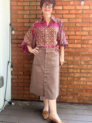 Pyrah Tencel Button Skirt - 3 Colors-BottomsPyrah Tencel Button Skirt | Cocoa, Charcoal & Mauve – Be Cool | VerClare Boutique-Shop the Be Cool Pyrah Tencel Button Skirt — garment-washed Tencel blend, paneled silhouette, true to size. Cocoa, Dark Charcoal & Mauve. Sizes S–L.-VerClare Boutique