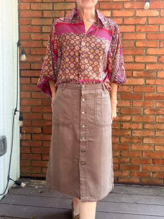 Pyrah Tencel Button Skirt - 3 Colors-BottomsPyrah Tencel Button Skirt | Cocoa, Charcoal & Mauve – Be Cool | VerClare Boutique-Shop the Be Cool Pyrah Tencel Button Skirt — garment-washed Tencel blend, paneled silhouette, true to size. Cocoa, Dark Charcoal & Mauve. Sizes S–L.-VerClare Boutique