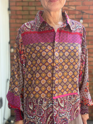 Ariana Boho Puff Sleeve Top-Tops CasualAriana Boho Puff Sleeve Top | Hot Pink/Red Balloon Sleeve – EE:Some | VerClare Boutique-Shop the EE:Some Ariana Boho Puff Sleeve Top in Hot Pink/Red — balloon sleeves, smocked cuffs, button-front, flowy fit. 100% polyester. Sizes S–L.-VerClare Boutique