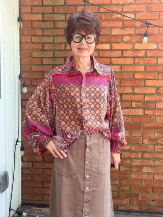 Ariana Boho Puff Sleeve Top-Tops CasualAriana Boho Puff Sleeve Top | Hot Pink/Red Balloon Sleeve – EE:Some | VerClare Boutique-Shop the EE:Some Ariana Boho Puff Sleeve Top in Hot Pink/Red — balloon sleeves, smocked cuffs, button-front, flowy fit. 100% polyester. Sizes S–L.-VerClare Boutique