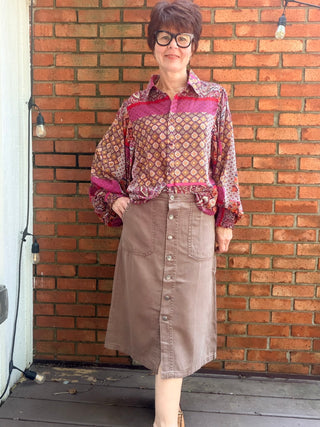 Pyrah Tencel Button Skirt - 3 Colors-BottomsPyrah Tencel Button Skirt | Cocoa, Charcoal & Mauve – Be Cool | VerClare Boutique-Shop the Be Cool Pyrah Tencel Button Skirt — garment-washed Tencel blend, paneled silhouette, true to size. Cocoa, Dark Charcoal & Mauve. Sizes S–L.-VerClare Boutique
