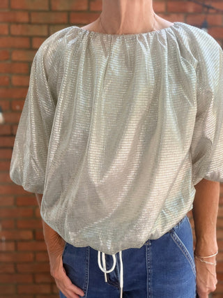 THML-Elyra Sparkle Flowy Top-Tops CasualElyra Sparkle Flowy Top | Silver Shimmer Bubble Top – THML | VerClare Boutique-Shop the THML Elyra Sparkle Flowy Top in Silver — shimmering 100% polyester, bubble flowy silhouette, perfect for holiday & nights out. Sizes XS–XL.-VerClare Boutique