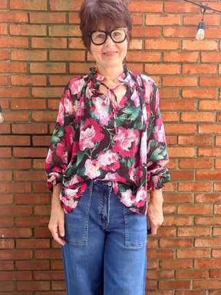 Vivian High Neckline Blouse-Tops CasualVivian High Neckline Blouse | Black Multi Floral Balloon Sleeve – Fate by LFD | VerClare Boutique-Shop the Fate by LFD Vivian High Neckline Blouse in Black Multi — flowy balloon sleeves, V-neck with optional tie, true to size. Sizes S–L. Ships fast.-VerClare Boutique