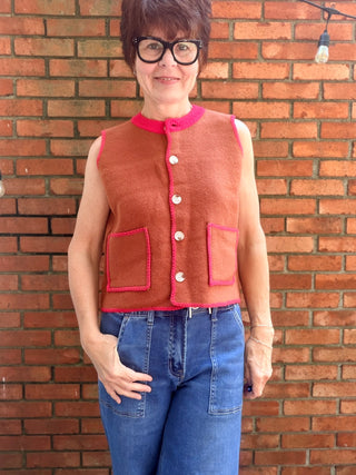 Monroe Sweater Vest-SweatersMonroe Button-Front Sweater Vest | Burnt Orange Knit – Entro | VerClare Boutique-Shop the Entro Monroe Sweater Vest in burnt orange with red trim. Button-front, pockets, sleeveless knit. Sizes S–L. Ships fast from VerClare Boutique.-VerClare Boutique