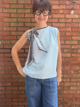 Karina Vintage Muse Scarf-Tie Blouse - Blue-Tops Casualtrend:notes Karina Vintage Muse Scarf-Tie Blouse - Blue | VerClare Boutique-Shop the trend:notes Karina Vintage Muse Scarf-Tie Blouse in Blue. Rayon-linen blend, scarf-tie neck, vintage-inspired silhouette, lightweight woven. Sizes S–L.-VerClare Boutique