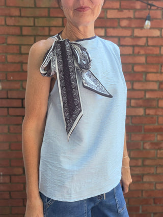 Karina Vintage Muse Scarf-Tie Blouse - Blue-Tops Casualtrend:notes Karina Vintage Muse Scarf-Tie Blouse - Blue | VerClare Boutique-Shop the trend:notes Karina Vintage Muse Scarf-Tie Blouse in Blue. Rayon-linen blend, scarf-tie neck, vintage-inspired silhouette, lightweight woven. Sizes S–L.-VerClare Boutique