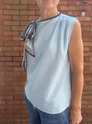 Karina Vintage Muse Scarf-Tie Blouse - Blue-Tops Casualtrend:notes Karina Vintage Muse Scarf-Tie Blouse - Blue | VerClare Boutique-Shop the trend:notes Karina Vintage Muse Scarf-Tie Blouse in Blue. Rayon-linen blend, scarf-tie neck, vintage-inspired silhouette, lightweight woven. Sizes S–L.-VerClare Boutique