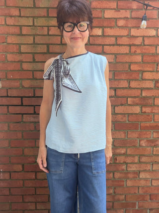 Karina Vintage Muse Scarf-Tie Blouse - Blue-Tops Casualtrend:notes Karina Vintage Muse Scarf-Tie Blouse - Blue | VerClare Boutique-Shop the trend:notes Karina Vintage Muse Scarf-Tie Blouse in Blue. Rayon-linen blend, scarf-tie neck, vintage-inspired silhouette, lightweight woven. Sizes S–L.-VerClare Boutique