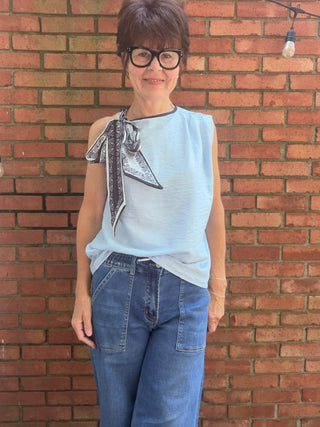 Karina Vintage Muse Scarf-Tie Blouse - Blue-Tops Casualtrend:notes Karina Vintage Muse Scarf-Tie Blouse - Blue | VerClare Boutique-Shop the trend:notes Karina Vintage Muse Scarf-Tie Blouse in Blue. Rayon-linen blend, scarf-tie neck, vintage-inspired silhouette, lightweight woven. Sizes S–L.-VerClare Boutique